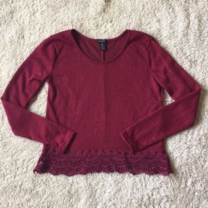 Rue 21 Long Sleeve Burgundy Top Crochet Bottom Size Xsmall